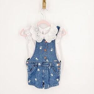 Tahari Blue Overalls with White Floral Design
